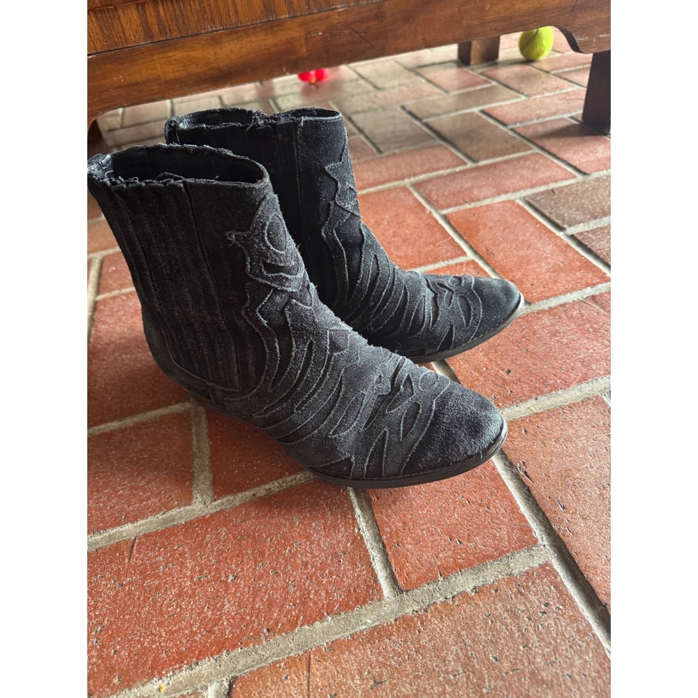 Free People New Frontier Western Black Suede Ankle‎ Boots 39 M09 Flame Stitch
